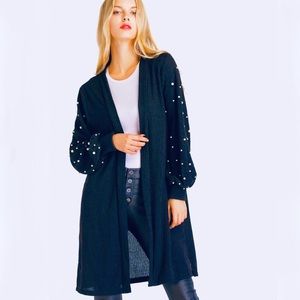 Navy Blue Pearl Beading Balloon Sleeve Cardigan